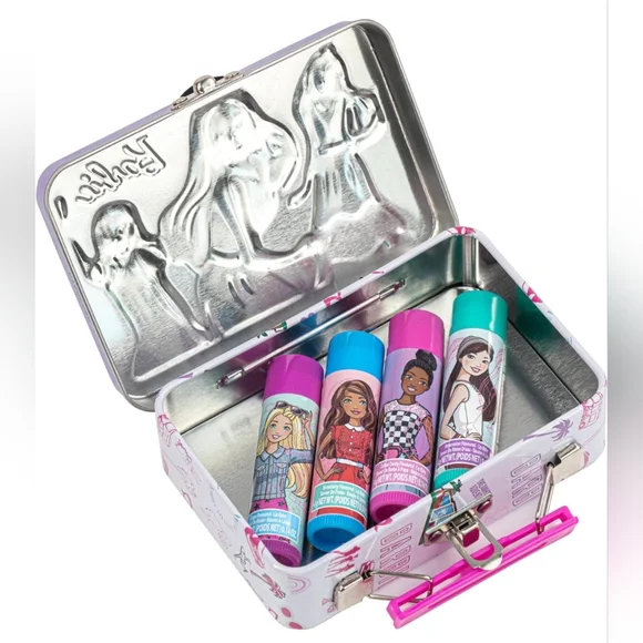 🎀NWT Barbie 5 Piece Set ~ 4 Lip Balms & Collectable Mini Lunch Box/Tin Case - Picture 5 of 5